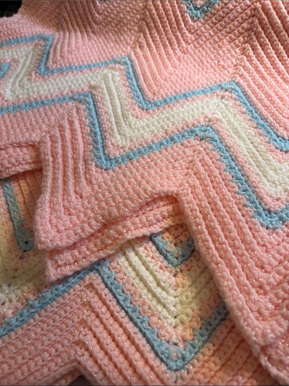 Vintage Handmade crochet Pink Chevron Baby Blanket Blue & White Accents. FF